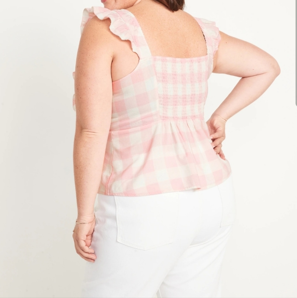 Old Navy Sleeveless Ruffle Trim Smock Gingham Blouse NWT Pink Pastel Plus Sz 2X - Picture 5 of 11